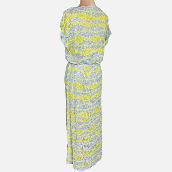 NWOT VERTIGO Sheer Knit Maxi Dress Sz.L Gray Yellow Belted Beach Summer Mesh - Picture 3 of 12